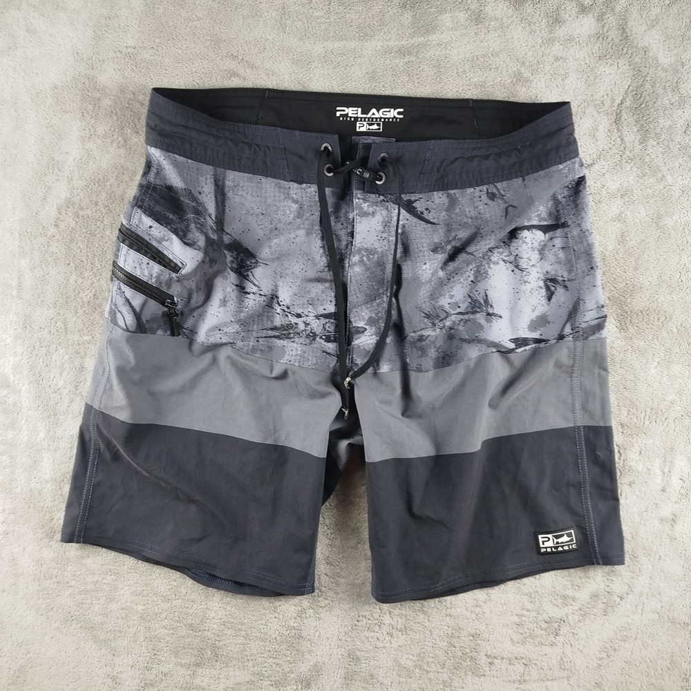 Pelagic Board Shorts Mens 34 Fishing Swim Trunks Sharkskin AOP Print Summer